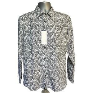 NWT Silver Stone Black White Ditzy Floral Print Modern Fit Button Down Size L